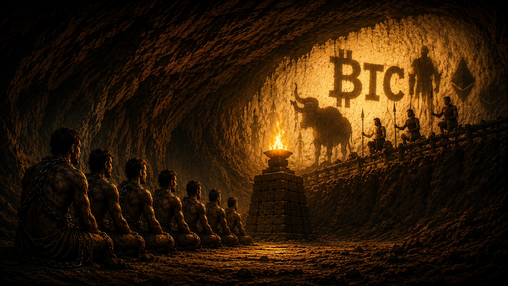 Chained figures watching bitcoin shadows in a cave